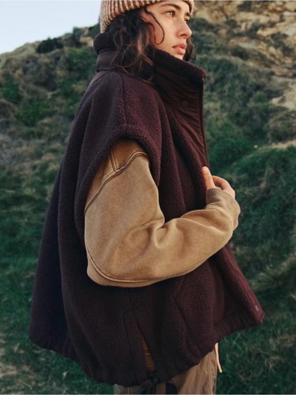 Free People-Scout it Out-Dark Brown Oversized Boxy Fleece Vest-XS - Picture 2 of 9